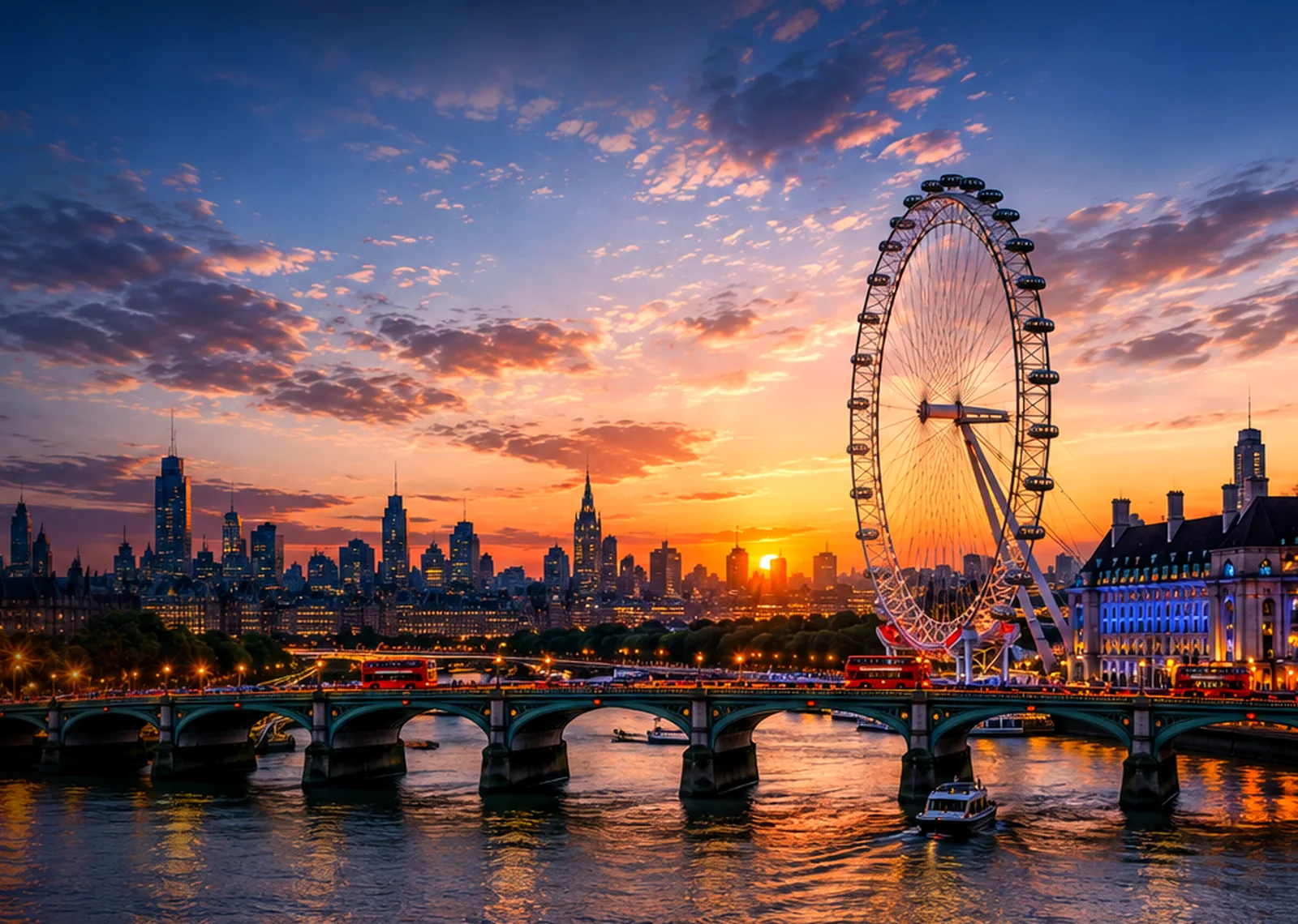 London skyline beside the Thames at sunset